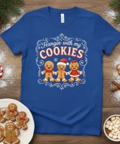 Hangin' with my COOKIES Christmas t-shirt design with three gingerbread characters and festive border