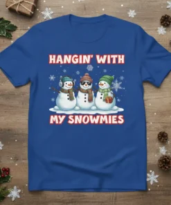 Hangin' With My Snowmies text with three cute snowmen graphic on a blue t-shirt for Christmas
