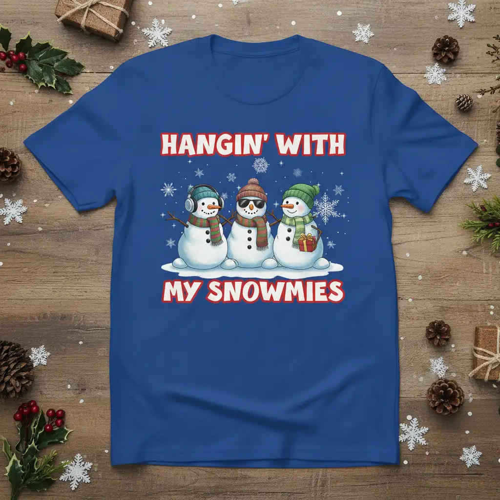 Hangin' With My Snowmies quote with charming snowmen graphic on a festive blue t-shirt