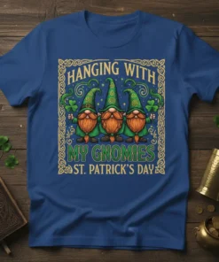 Hanging With My Gnomies St. Patrick's Day t-shirt design with three gnomes holding shamrocks and Celtic knot border