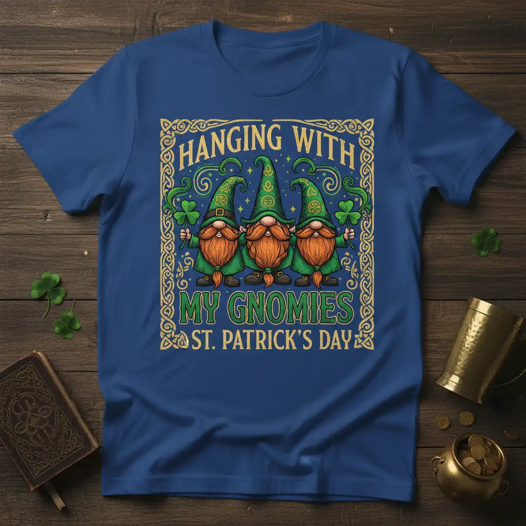 Hanging With My Gnomies St. Patrick's Day t-shirt featuring three cheerful gnomes with shamrocks and intricate Celtic knotwork
