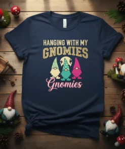Hanging With My Gnomies t-shirt design featuring three colorful gnomes and the text "Hanging With My Gnomies"