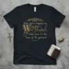 Black t-shirt with gold text quote "When you're hanging on by a thread make sure it's the hem of His