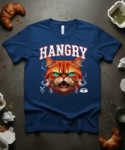 Hangry Cat T-Shirt featuring a grumpy orange cat with bright blue eyes, text "HANGRY" above, and icons for food and