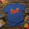 Funny "HANGTRY!" text design with cartoon burger and french fries on a blue t-shirt