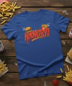 Funny "HANGTRY!" text design with cartoon burger and french fries on a blue t-shirt