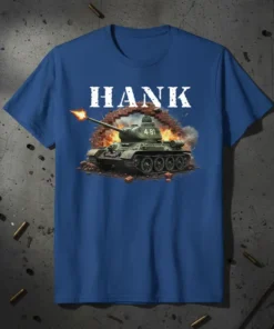HANK text above a green tank breaking through a brick wall, firing its cannon, on a blue t-shirt