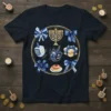 Hanukkah celebration graphic t-shirt with menorah, dreidels, sufganiyot, gifts, and blue bows