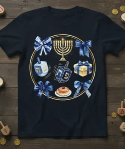 Hanukkah celebration graphic t-shirt with menorah, dreidels, sufganiyot, gifts, and blue bows