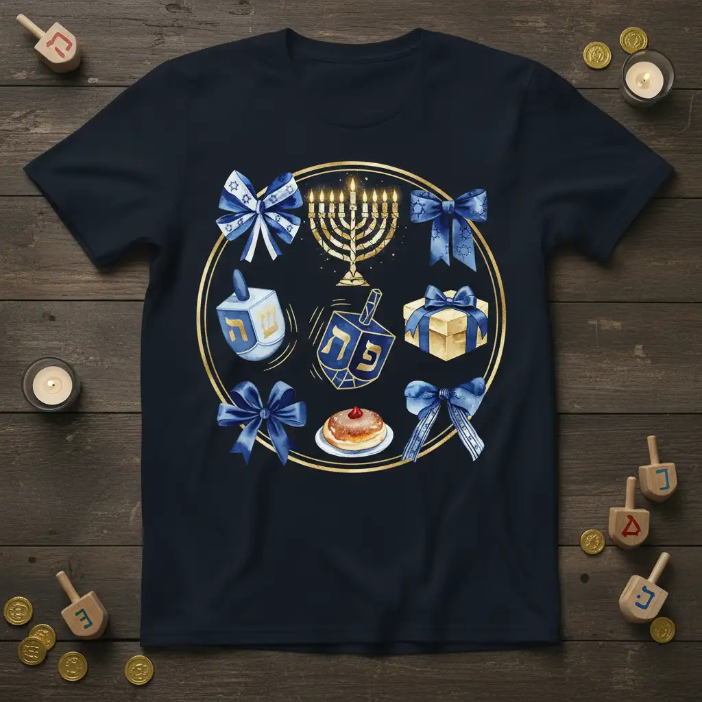 Hanukkah celebration graphic t-shirt featuring a golden circle with menorah, dreidels, sufganiyot, and blue bows