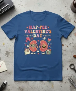 Hap-Pee Valentine's Day t-shirt design featuring two cartoon kidneys holding balloons and a gift, with colorful text
