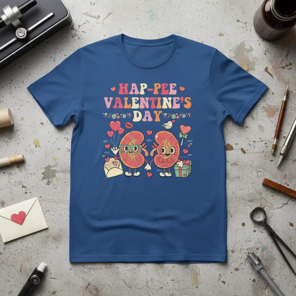 Hap-Pee Valentine's Day kidney t-shirt with cute cartoon organs and retro typography for medical humor