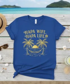 Hapa Wife Hapa Life text with palm trees and hammock design on a blue t-shirt