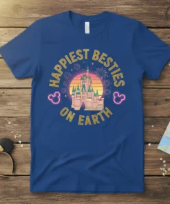 Happiest Besties On Earth text with a castle graphic and Mickey Mouse ears on a blue t-shirt