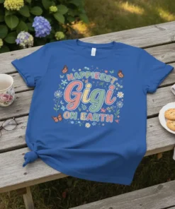 Happiest Gigi On Earth t-shirt with colorful typography, butterflies, and floral illustrations