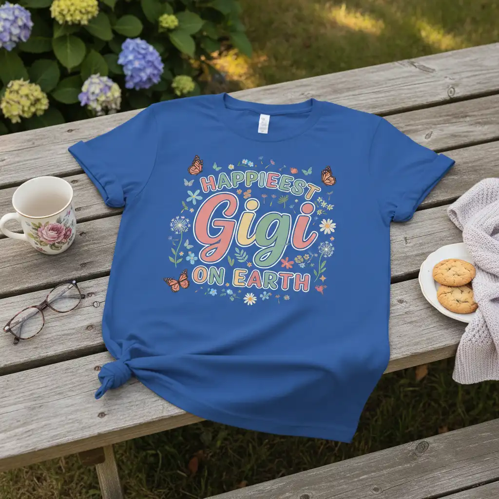 Happiest Gigi On Earth colorful text and floral design on a blue t-shirt