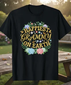 Happiest Grammy On Earth text design with floral wreath and butterflies, gold glitter font, for grandmothers