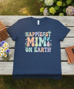 Happiest Mimi On Earth text with butterflies and floral accents on a navy blue t-shirt