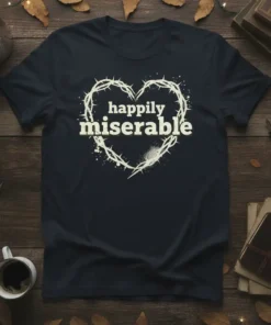 Happily Miserable quote t-shirt with a heart made of thorns graphic, distressed text style