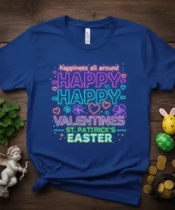 T-shirt with "happiness all around HAPPY HAPPY VALENTINES ST. PATRICK'S EASTER" in neon-like text and festive graphics