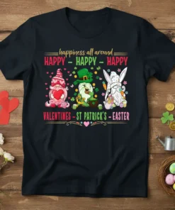 T-shirt design with "happiness all around HAPPY HAPPY HAPPY" and "VALENTINES ST PATRICK'S EASTER" text featuring gnomes dressed for each