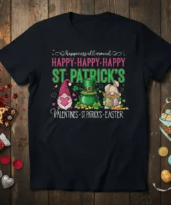 St. Patrick's Day t-shirt with gnomes, a pot of gold, and text "happiness all around HAPPY-HAPPY-HAPPY ST. PATRICK'S VALENTINES