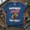 Happiness is Being Loved by a Pitbull quote with dog graphic on navy t-shirt