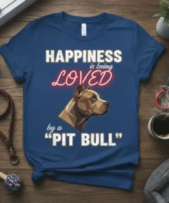Happiness is Being Loved by a Pitbull quote with dog graphic on navy t-shirt