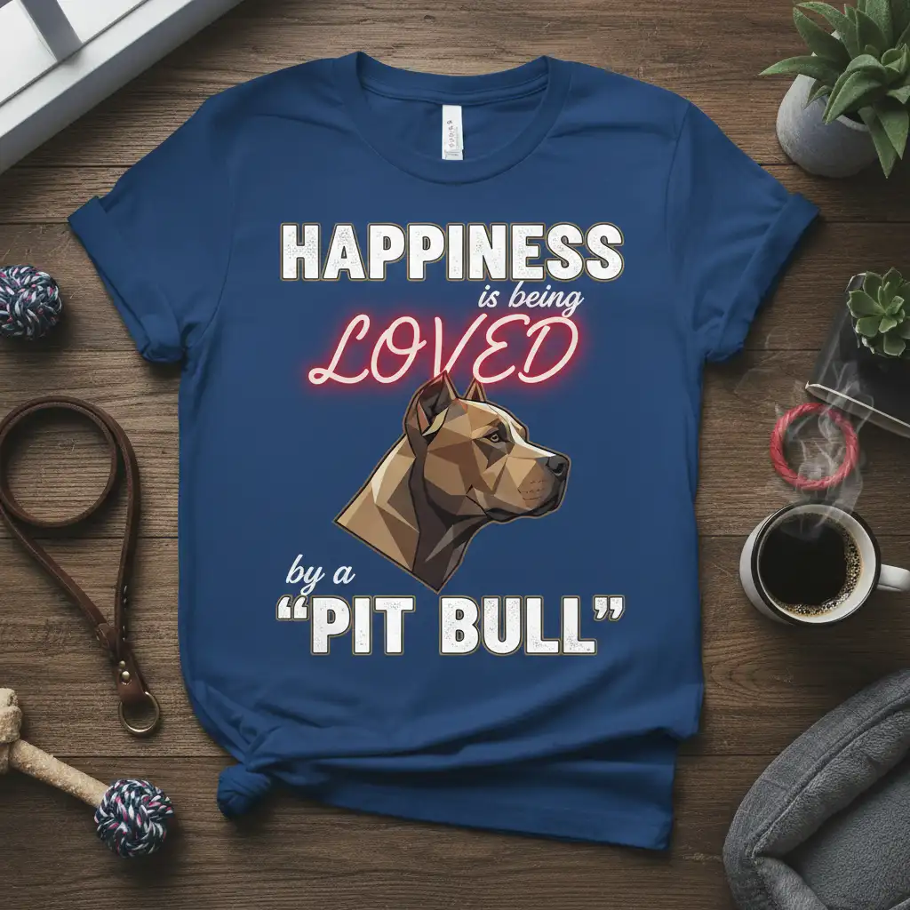 Happiness is Being Loved by a Pitbull quote and dog graphic on a navy blue t-shirt design