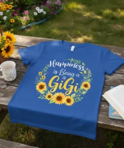 Happiness is Being a Gigi text with a sunflower wreath design on a blue t-shirt