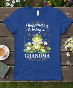 Happiness is being a GRANDMA t-shirt with a cute frog wearing a crown and cape, surrounded by lily pads and