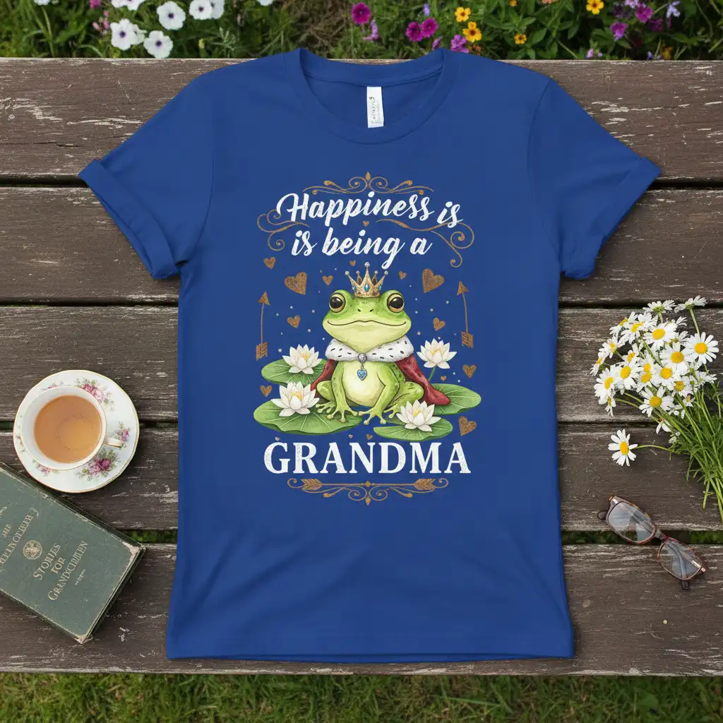 Happiness is being a GRANDMA quote on a t-shirt with a whimsical frog illustration and regal attire