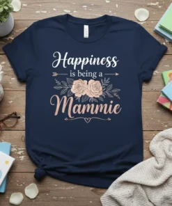 Navy blue t-shirt with "Happiness is being a Mammie" text and floral design, perfect for mamies