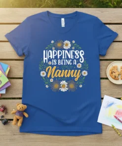 Happiness Is Being A Nanny quote on a blue v-neck t-shirt, surrounded by a floral wreath design