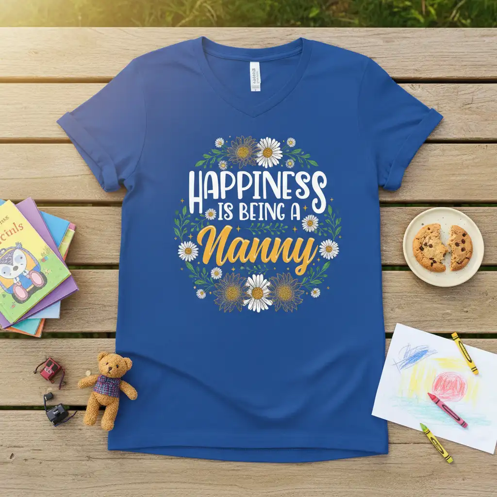 Happiness Is Being A Nanny quote in white and yellow text within a floral wreath on a blue t-shirt