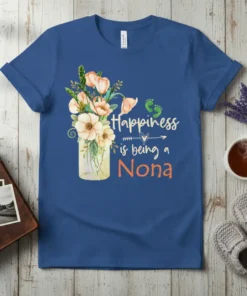 Happiness is Being a Nona t-shirt with floral bouquet and baby footprints design