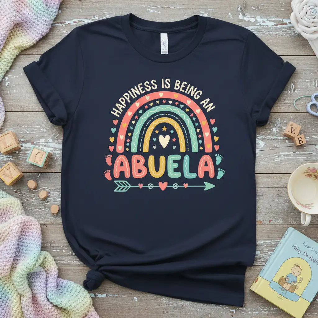 HAPPINESS IS BEING AN ABUELLA bold typography printed on breathable fabric creating a standout t-shirt