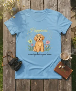 Light blue t-shirt with "Happiness is everywhere you look" quote and a cute golden retriever puppy wearing a flower crown