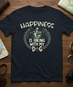 Happiness Is Hiking With My Dog quote t-shirt design with hiker and dog in mountains, surrounded by wreath and paw