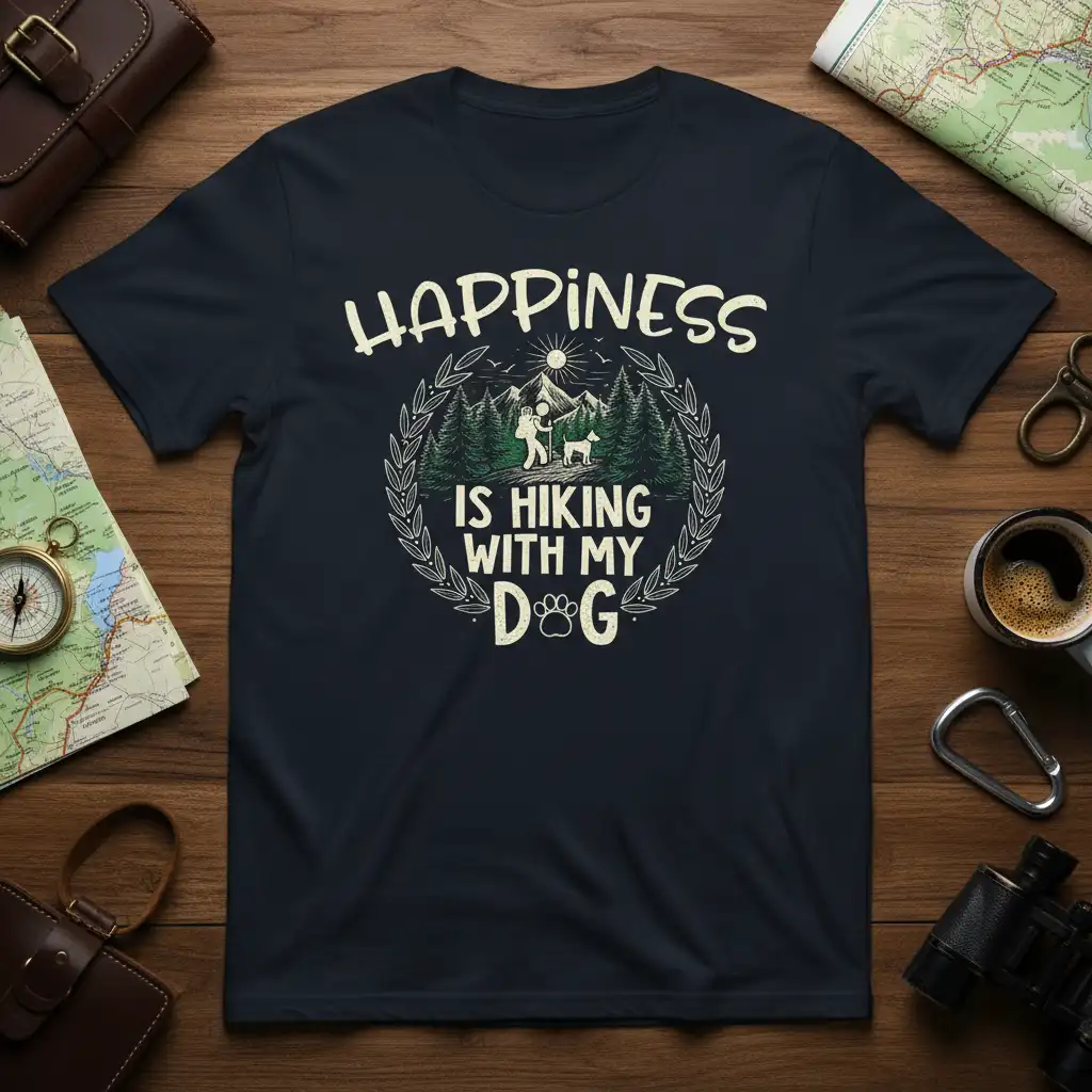 Happiness Is Hiking With My Dog quote design featuring a hiker and dog on a mountain trail, framed by a wreath