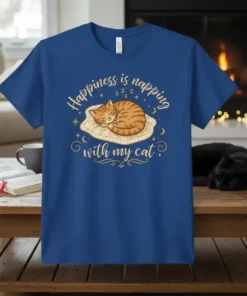 Blue t-shirt featuring a cute sleeping tabby cat on a pillow with "Happiness is napping with my cat" text