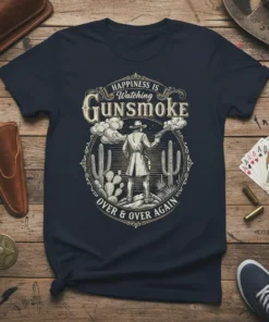 Happiness Is Watching Gunsmoke Over & Over Again t-shirt with vintage cowboy and cactus graphic