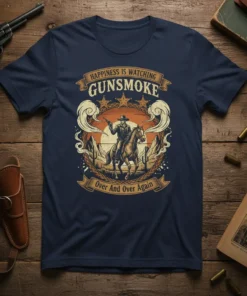 Happiness Is Watching Gunsmoke Over And Over Again t-shirt with cowboy on horse graphic and western sunset