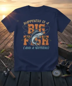 Happiness is a Big Fish (and a Witness) fishing quote t-shirt with marlin graphic