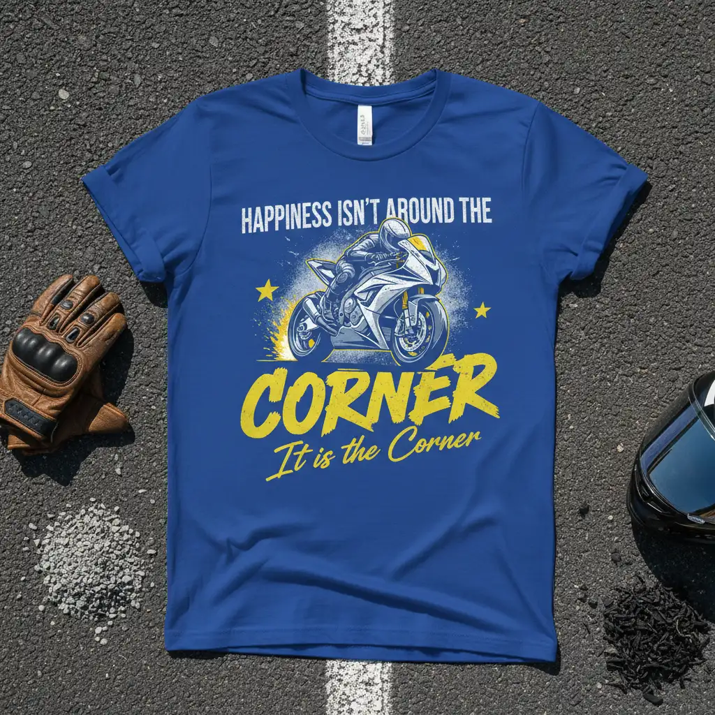 Happiness Isn't Around The Corner It Is The Corner quote with a racing motorcycle graphic on a blue t-shirt