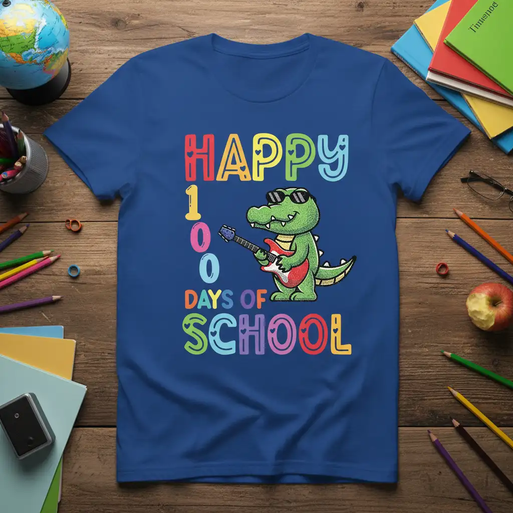 Happy 100 Days of School text with a cool alligator playing a guitar on a blue tee