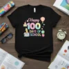 Happy 100 Days of School text with colorful graphics of books, a schoolhouse, hot air balloon, and planets on a