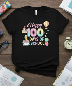 Happy 100 Days of School text with colorful graphics of books, a schoolhouse, hot air balloon, and planets on a
