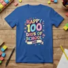 Happy 100 Days of School text with colorful numbers and school icons on a blue t-shirt