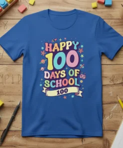 Happy 100 Days of School text with colorful numbers and school icons on a blue t-shirt